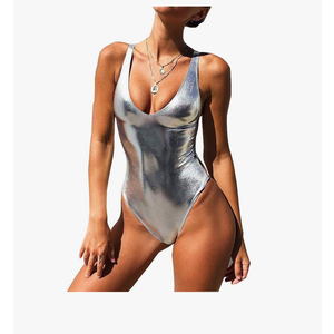 YAUASOPA Sexy Liquid Metallic Glitter One Piece Push Up Swimsuit Female Shiny Solid High Cut Beachwear (US(6-8) L, Shiny Silver