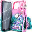 NGB Supremacy Designed for iPhone 12/ 12 Pro Case with [Tempered Glass Screen Protector & Ring Holder/ Lanyard Wrist Strap] for Girls Women Kids, Glitter Liquid Bling Cute Sparkle Cover (Pink/ Aqua)