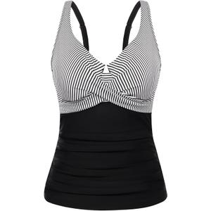 Hanna Nikole Tankini Tops for Women, Push Up Underwire Swimsuits, Removable Padded Bathing Suit Tops Only (Large, Black Strip)