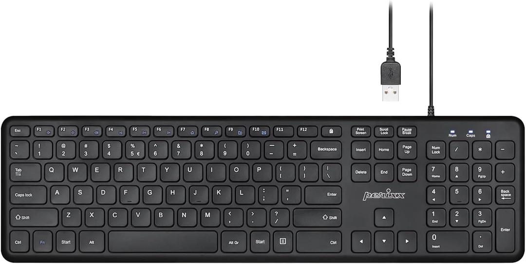 Perixx PERIBOARD-210 US Wired Full-Size USB Keyboard with Quiet Keys for Desktop, Laptop, and Tablet - X Type Scissor Keys - Black - US English (11726)