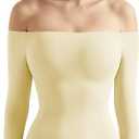SUUKSESS Women Off the Shoulder Long Sleeve Bodysuit Double Lined Thong Bodysuit (Large, Butter Yellow)