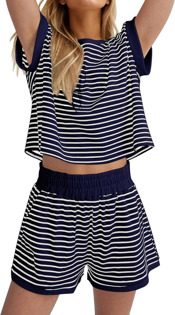 Burtell Women Summer 2 Piece Lounge Sets Striped Short Sleeve Tee Shirts Mini Shorts Loungewear Shorts Set Ribbed Pajama Set (Blue)
