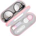 Muf 2 in 1 Contact Lens Case and Glasses Case, Double Sided Design with Mirror, Portable Travel Kit with Tweezer, Remover and Solution Bottle, Pink