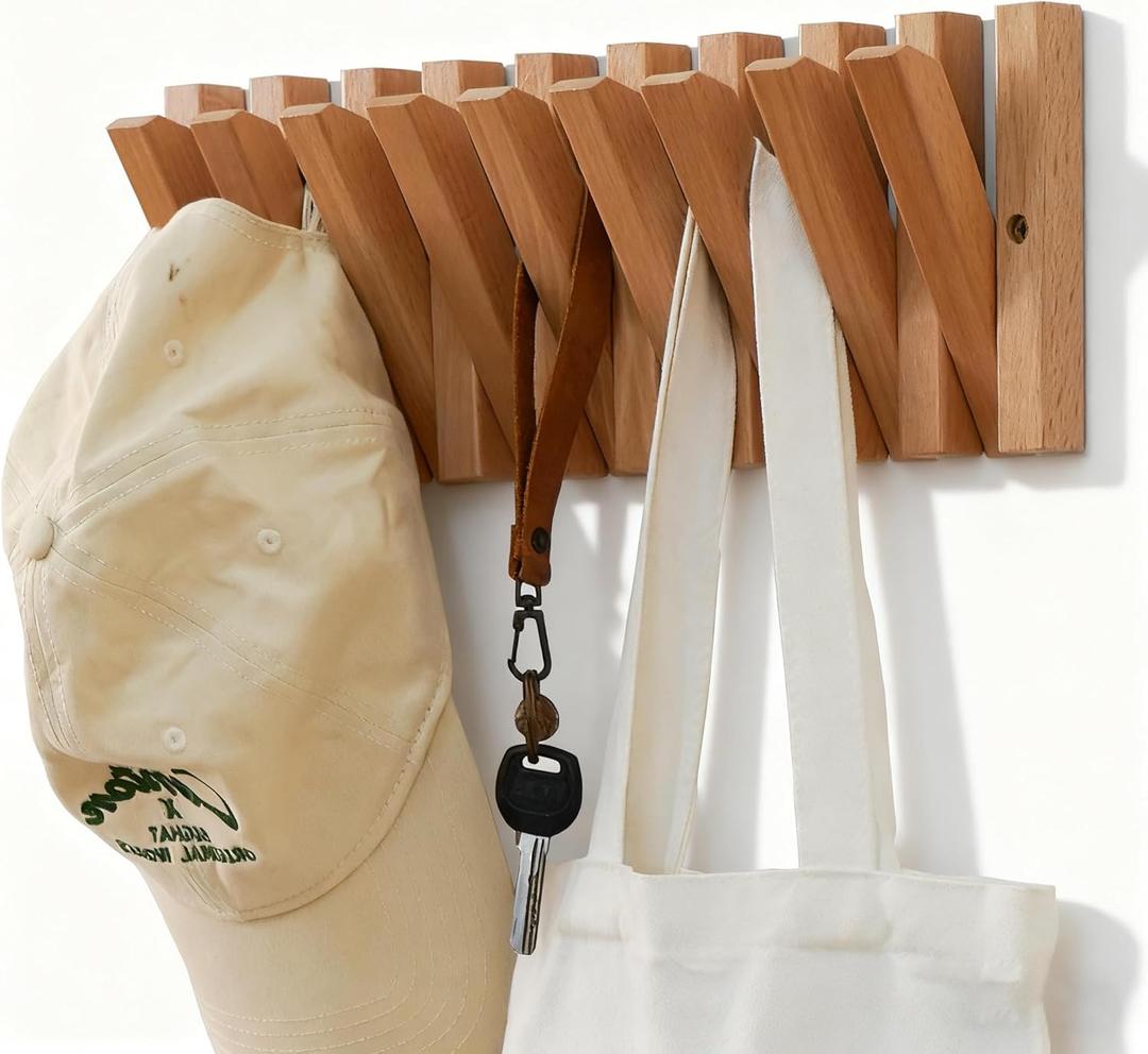 Coat & Hat Hooks Wall Mount with Key Holder, Wall Mounted Coat Rack with 9 Retractable Hangers, Solid Wood Slim Key Holder for Entryway, 17in Natural Finish