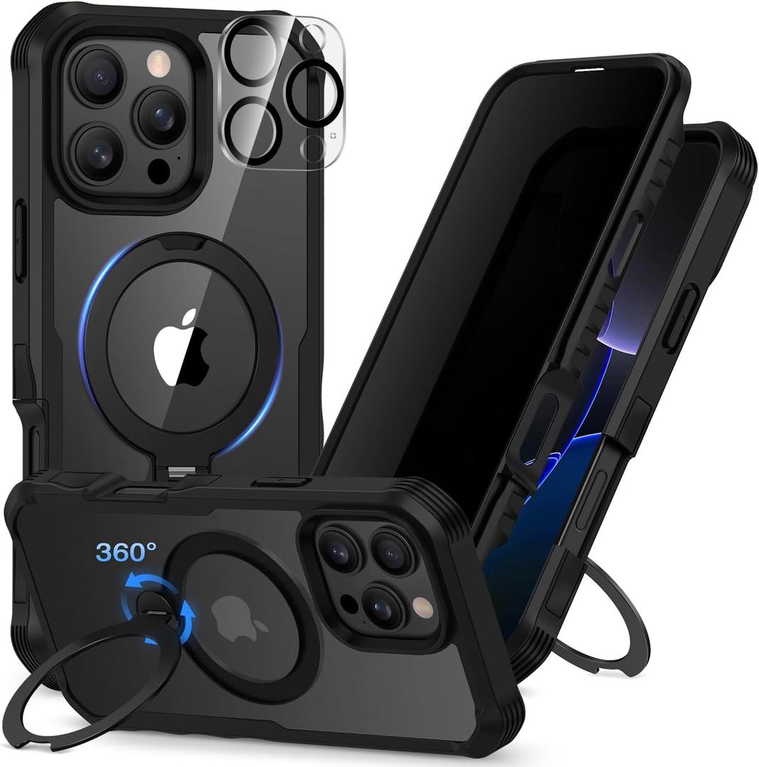 CENHUFO Privacy for iPhone 16 Pro Case [Compatible with Magsafe] Full Body Phone Case Built-in 9H Tempered Glass Privacy Screen Protector and 360 Spin Magnetic Stand Ring, Camera Lens Cover -Black