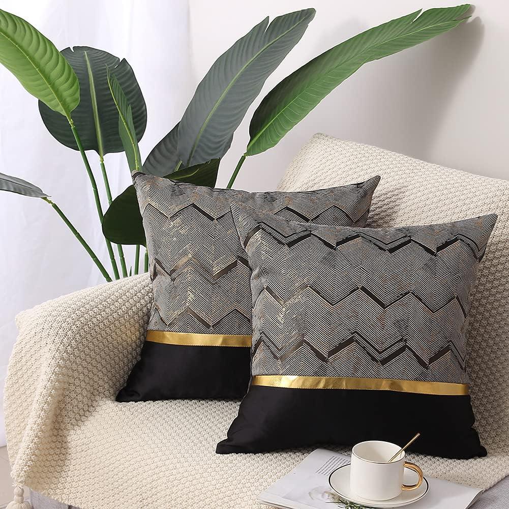 Coeufuedy Decorative Throw Pillow Covers 18x18 Inch Black Gold Leather Striped Patchwork Jacquard Cushion Case Luxury Modern Square Cushion Cover for Sofa Couch Living Room Bedroom, Set of 2