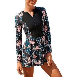 Rash Guard Swim Dresses Women Long Sleeve Zip Up Swimdress One Piece Skirted Swimming Swimsuit (Large, Yellow Floral Print)