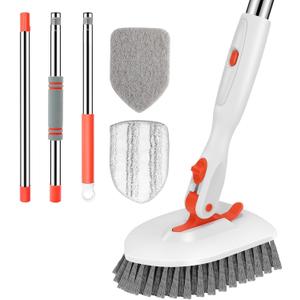 SetSail Floor Scrub Brush, 3-In-1 Tile Tub Floor Scrubber with 52-inch Adjustable Long Handle Shower Cleaner and 3 Detachable Replacement Brush Heads for Cleaning Bathroom Kitchen Walls Tub Tile (Orange)