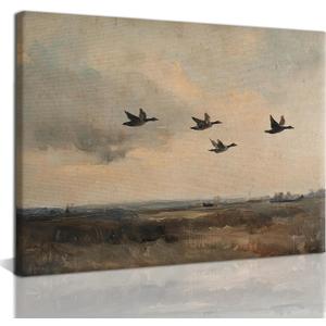 Vintage Flying Duck Canvas Wall Art Rustic Country Scenery Wall Decor Retro Mallard Duck Pictures Paintings Nature Wilderness Wildlife Posters Prints Living Room Bedroom Farmhouse Decor 12x16 Inch