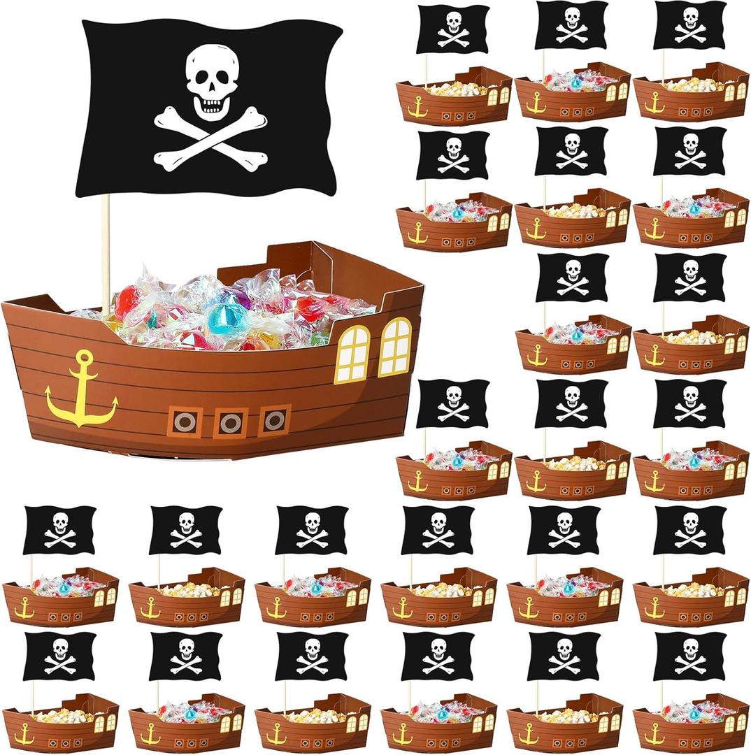 24 Pcs Theme Party Decorations Set Disposable Paper Food Serving Tray Boats Tray with Bamboo Sticks for Concession Food Carnivals Tropical Aloha Gasparill Pirate Party Supplies(Pirate)