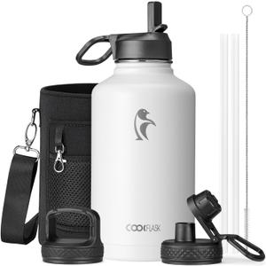 Coolflask Half Gallon Water Bottle Insulated with Straw & 3 Lids, 64 oz Water Jug Large Metal Stainless Steel Wide Mouth for Sports, Gym or Office, Non-BPA Keep Cold 48H Hot 24H, White
