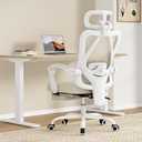 Farini Office Chair with Headrest, Ergonomic Mesh Office Chair with Footrest, High Back Desk Chair with Adjustable Lumber, Swivel Computer Chair for Home Office Study Room, White and Khaki