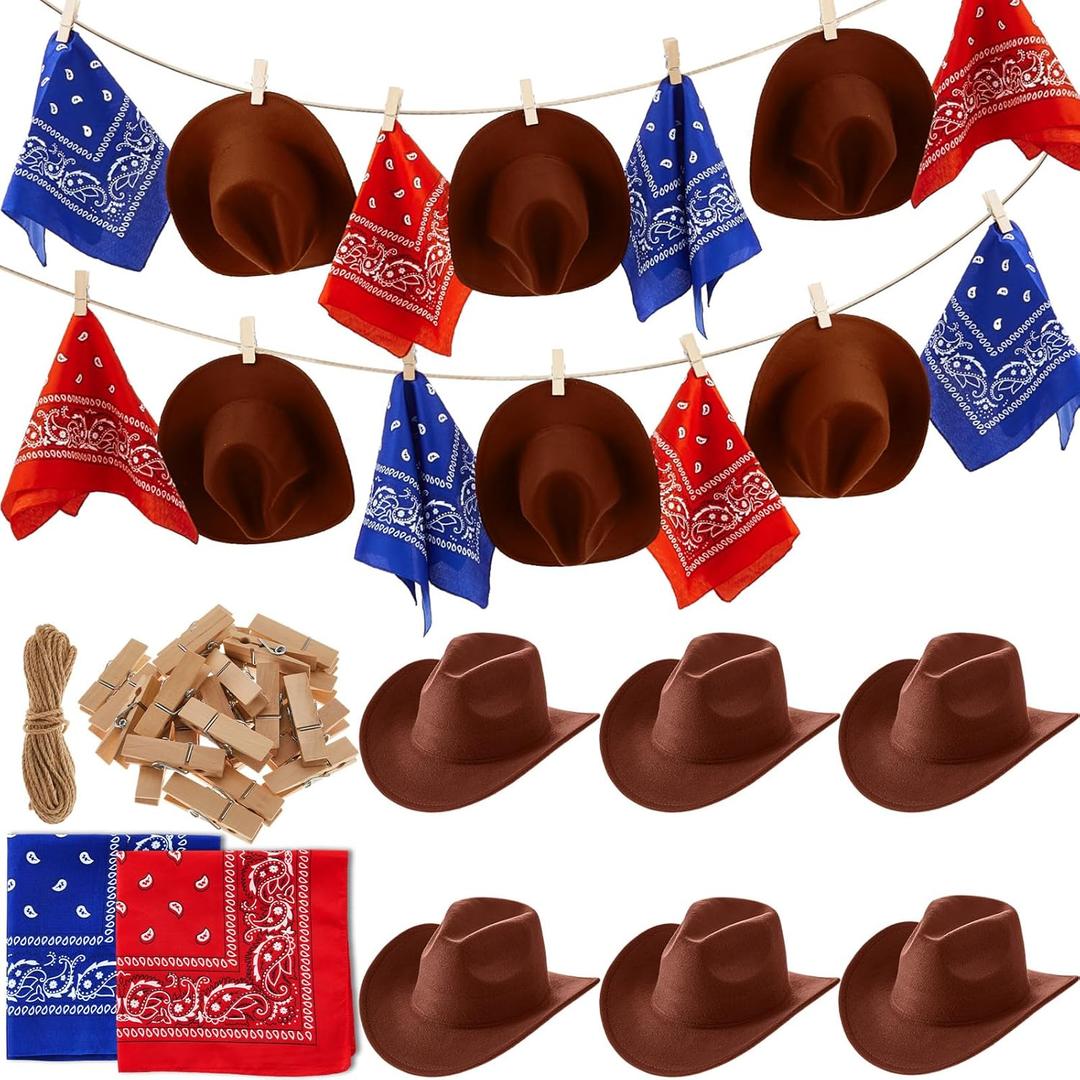 Leinuosen 53 Pcs Western Cowboy Party Decorations Cowboy Hats with Paisley Bandanas Clips Rope DIY Western Party Banner for Adults Birthday Home Farmhouse Country Theme Supplies Decor