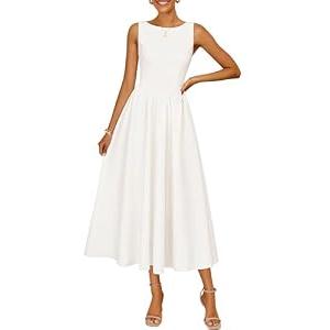 ZESICA Women's Spring Sleeveless Cocktail Dresses 2026 Summer Crewneck Flowy Wedding Guest Party A Line Midi Dress (White, S)