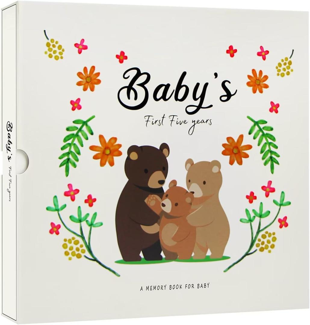 Baby Memory Book for Boy or Girl, Baby Book Keepsake, Baby Scrapbook for Baby's First Five Years, Baby Photo Albums from Birth to Age 5, Baby Book to Record Baby's Milestones and Photo (Bear)