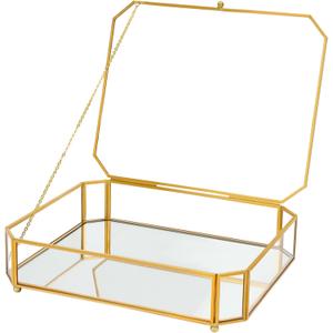Large Glass Boxes for Display Handmade, Mirrored Bottom, Glass Jewelry Box with Lid, Trinket Box Book Photo Keepsake Organizer, Display Case for Vanity Decor Home Dresser, Octagon, Gold (Low: 10.4"L  8.5"W  2.6"H)