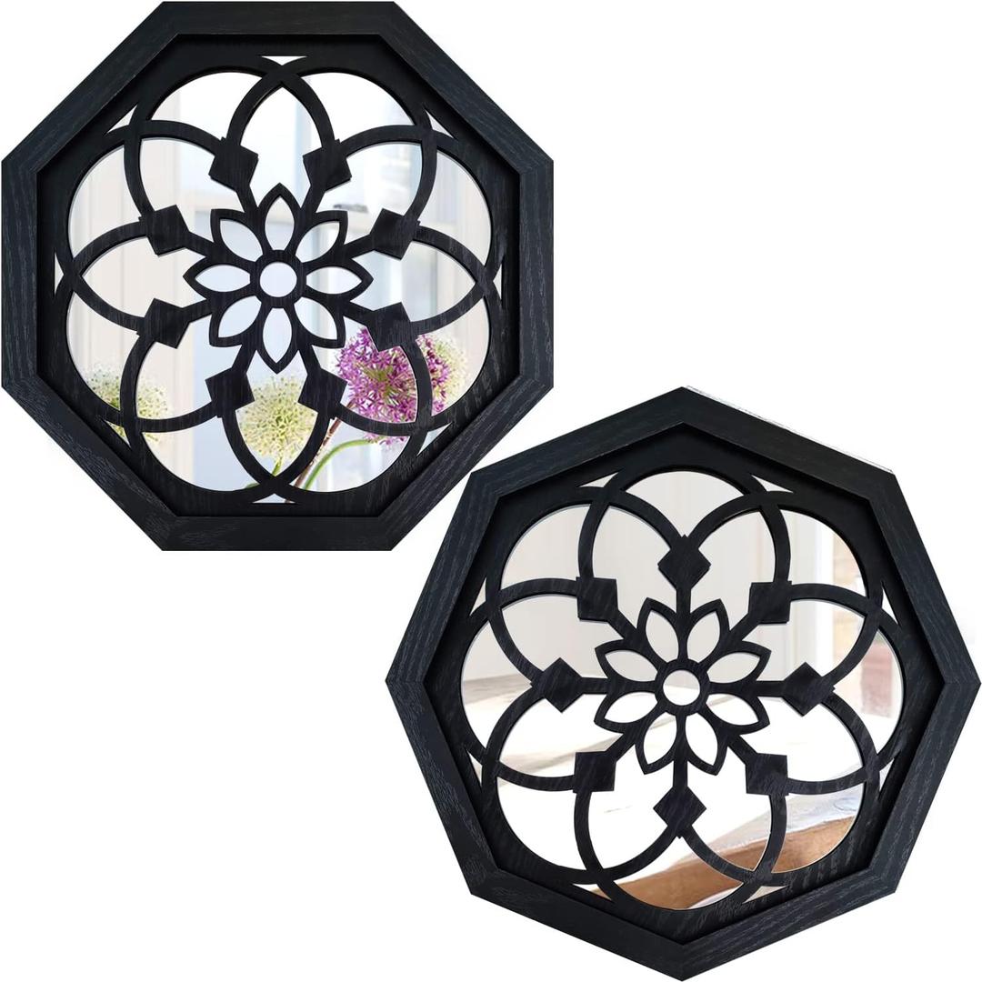 2-Piece Octagon Wall-Mounted Mirrors,Vintage Farmhouse Mirror for Wall Decor,Black Decorative Accent Mirror for Foyer, Bathroom, Bedroom. (12x12)