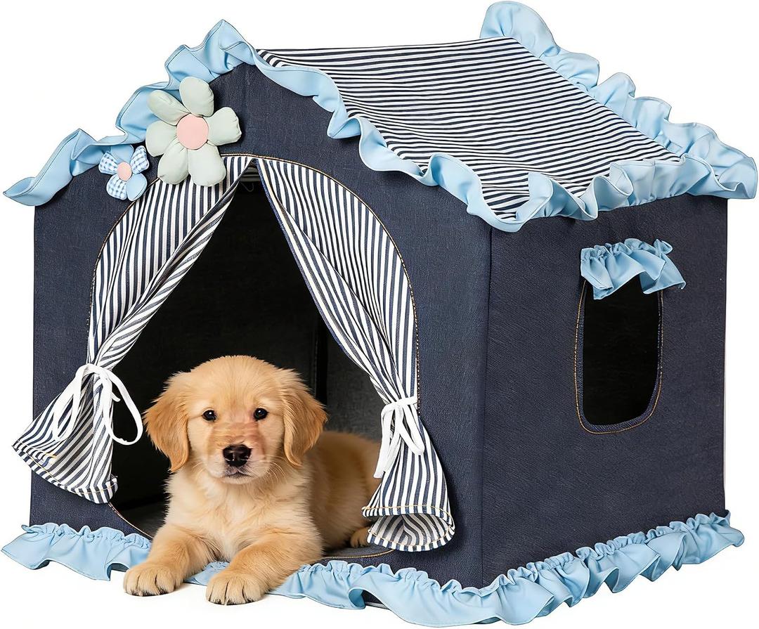Denim Blue Indoor Dog House with Frame and Princess Style Cat Houses for Indoor Cats, Breathable Washable Cat Bed & Cat Tent, M Size (171717 Inches) for 8-20 lbs. Pets.