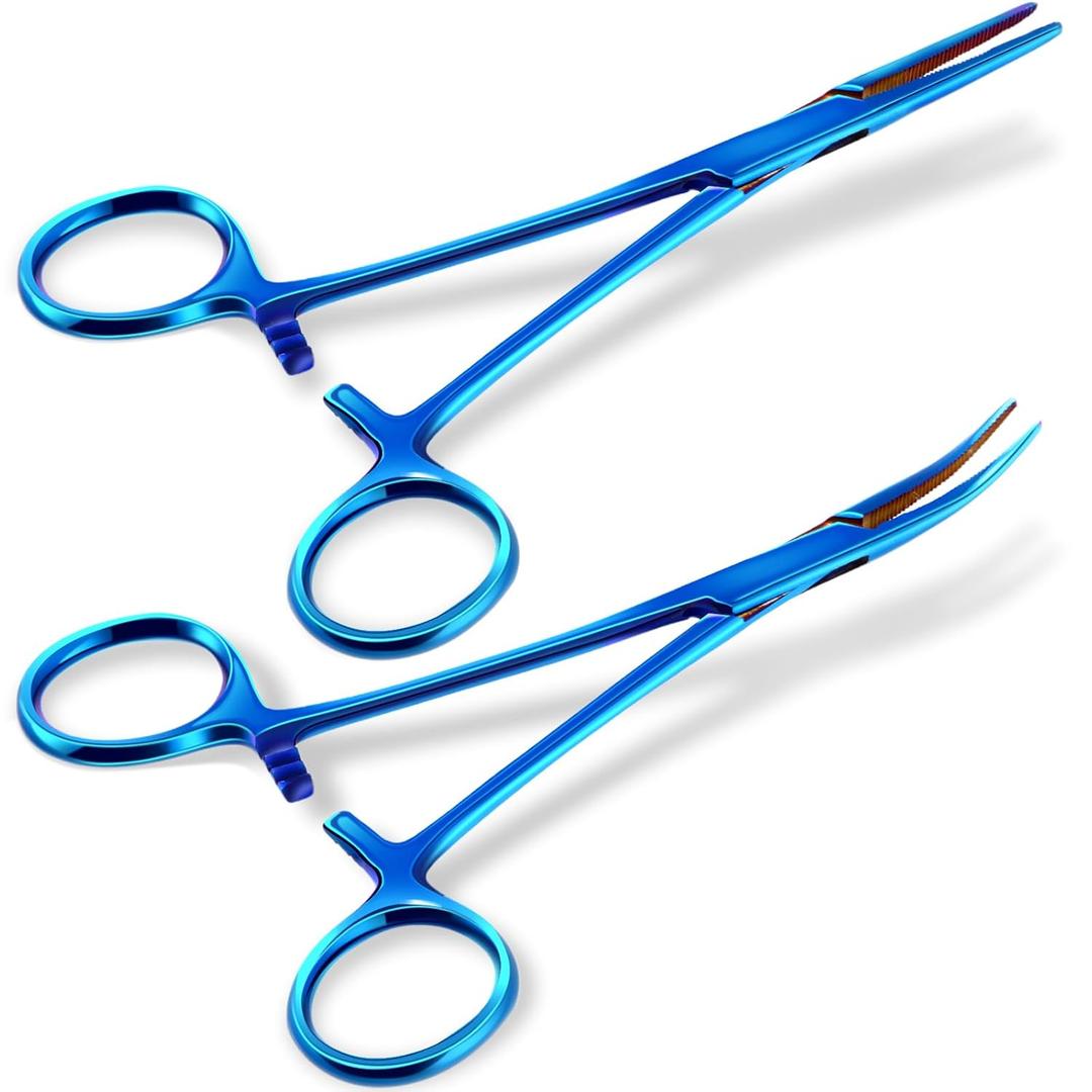 BBTO Hemostat Curved and Straight Hemostat Forceps Piercing Pliers Forceps, Stainless Steel Straight and Curved Pliers, Fishing Tweezer(Blue,2 Pcs)