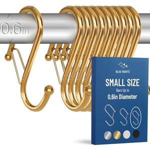 Blau Marité 9-Pack Metal S Hooks for Hanging – Heavy-Duty S-Shaped Hooks with Safety Buckle – Fits Bars up to 0.6 In – Anti-Drop Hook for Kitchen, Pot Racks & Towel Bars – Gold (Small)