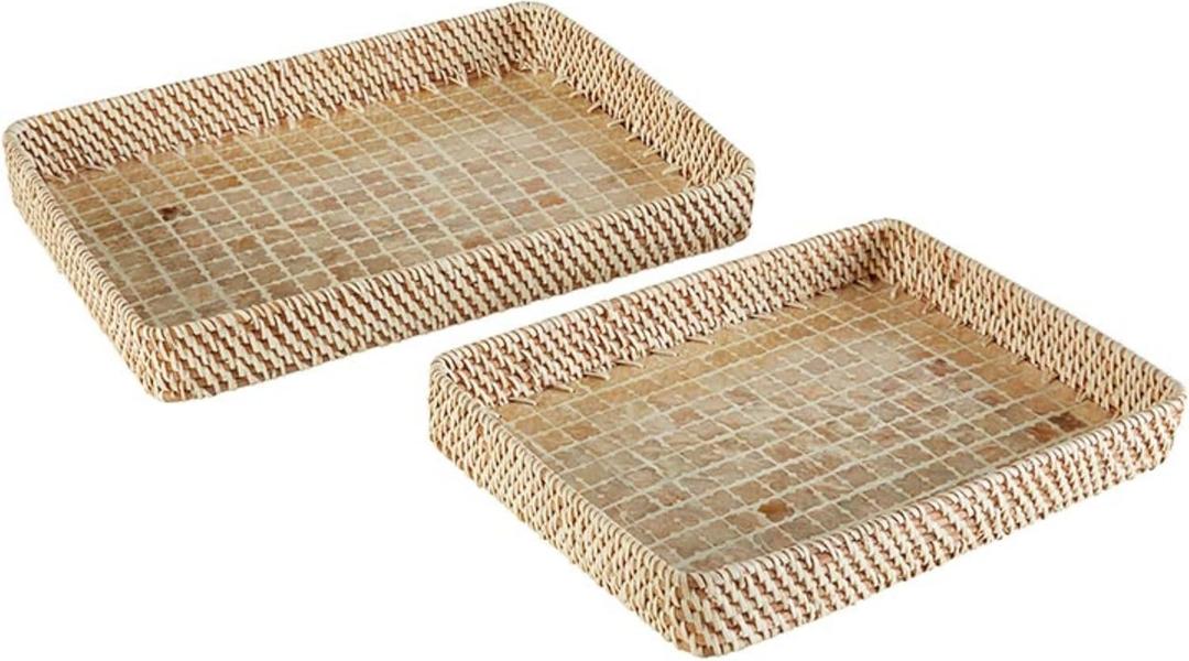 47th & Main Woven Rattan Capiz Shell Inlay Basket Tray Home Dcor for Table, Set of 2, Geometric