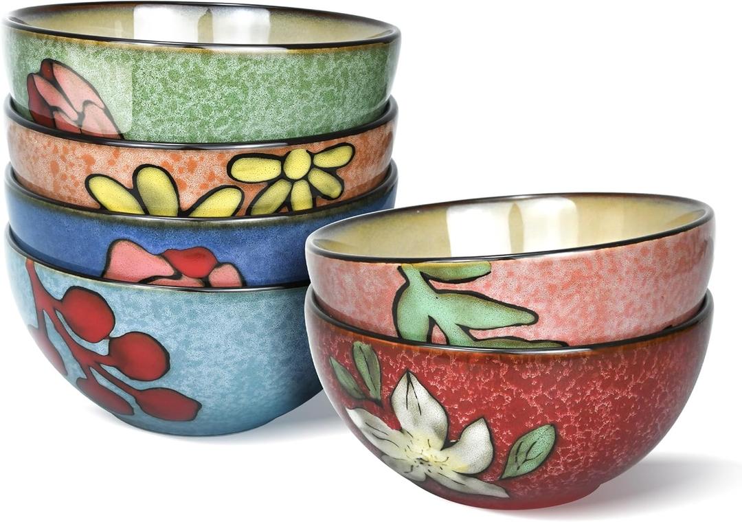 Ceramic Cereal Bowls Set of 6, Floral Design 6 inch  28oz for Cereal, Salad, Soup, Dessert, or Snacks, Microwave, Dishwasher Safe