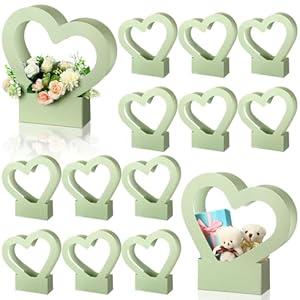 Sinmoe 12 Pcs Valentines Heart Shaped Boxes for Flowers Valentines Flower Gift Bag Wedding Empty Bouquet Gift Bags with Handle Folding Basket for Bridal Baby Shower Party Supply(Sage Green)