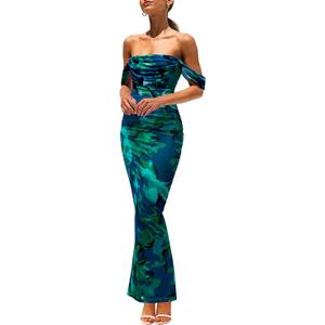 PRETTYGARDEN Cocktail Dresses for Women 2026 Summer Floral Off Shoulder Ruched Mesh Elegant Wedding Guest Maxi Dress XL