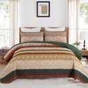 DJY Boho Quilt Set Queen Size Brown Green Bohemian Striped Bedspread Coverlet Set, Boho Floral Pattern Soft Microfiber Quilted Bedding Set for All Season, 96''x90''
