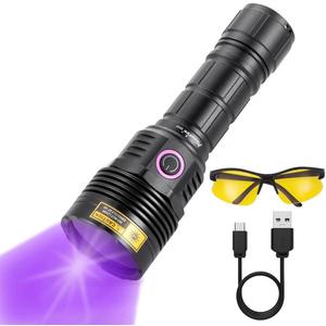ALONEFIRE SV47 12W 365nm UV Flashlight USB C Rechargeable Long Range Black Light Pet Urine Detector for Resin Curing, Fishing, Scorpion, Minerals, Bed Bugs, Leaks with UV Protective Glasses, Battery