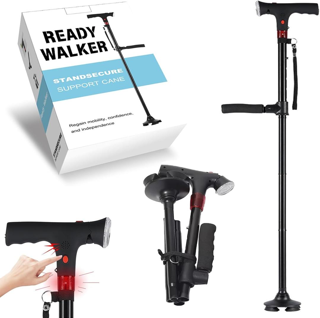 Ready Walker Cane, Adjustable Folding Walking, Dual Handles Walking Canes for Seniors with LED Light Sound Alarm, Suitable for Seniors Men and Women