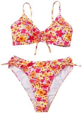 BEAUDRM Girl's 2 Piece Bikini Set Floral Swimsuit Ruched Triangle Bikini High Waisted Bathing Suit Beachwear 12 Y
