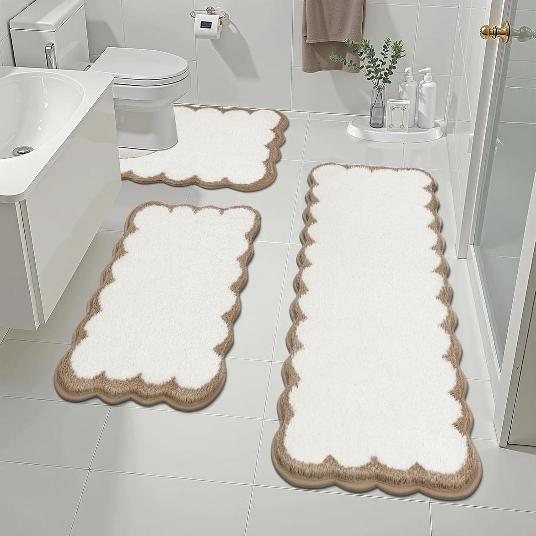 Pauwer Bathroom Rugs Set 3 Piece, Scalloped Non Slip Washable Bath Mat with U-Shaped Toilet Rug, Extra Absorbent Quick Dry Soft Plush Shower Mats for Floor Sink, Beige and Khaki, 18"x26"+18"x48"+U Shape 20"x24"