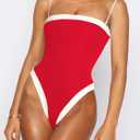 One Piece Swimsuit for Women Tummy Control Square Neck Swimwear Tie Back Bathing Suit (Red)