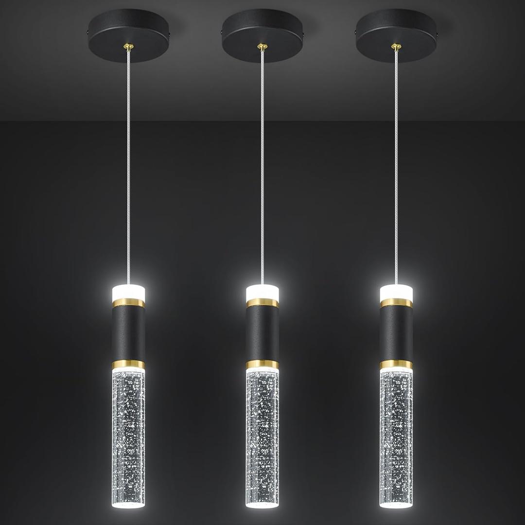 Pendant Ceiling Light Fixture for Kitchen Island, Black Gold Pendant Light Integrated Dimmable LED Hanging Light with Bubble Crystal Pendant Light Modern Pendant Lights Kitchen Island (Pack of 3)