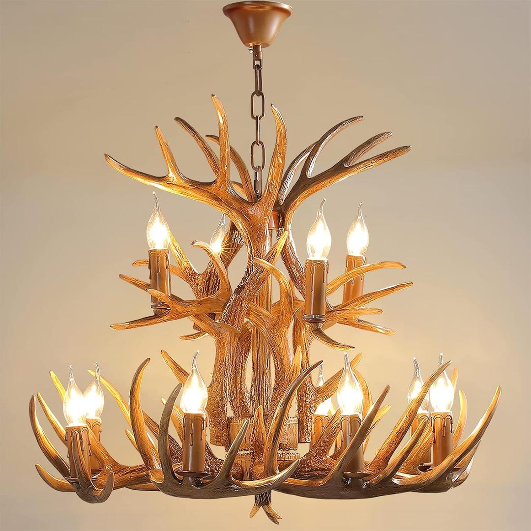 Deer Antler Chandelier with Adjustable Chain - 12 Light Farmhouse Antler Chandeliers Deer Horn Lamp for Dining Room, Kitchen, Living Room, Bedroom, Bar, Cafe, and Cabin for High Ceilings