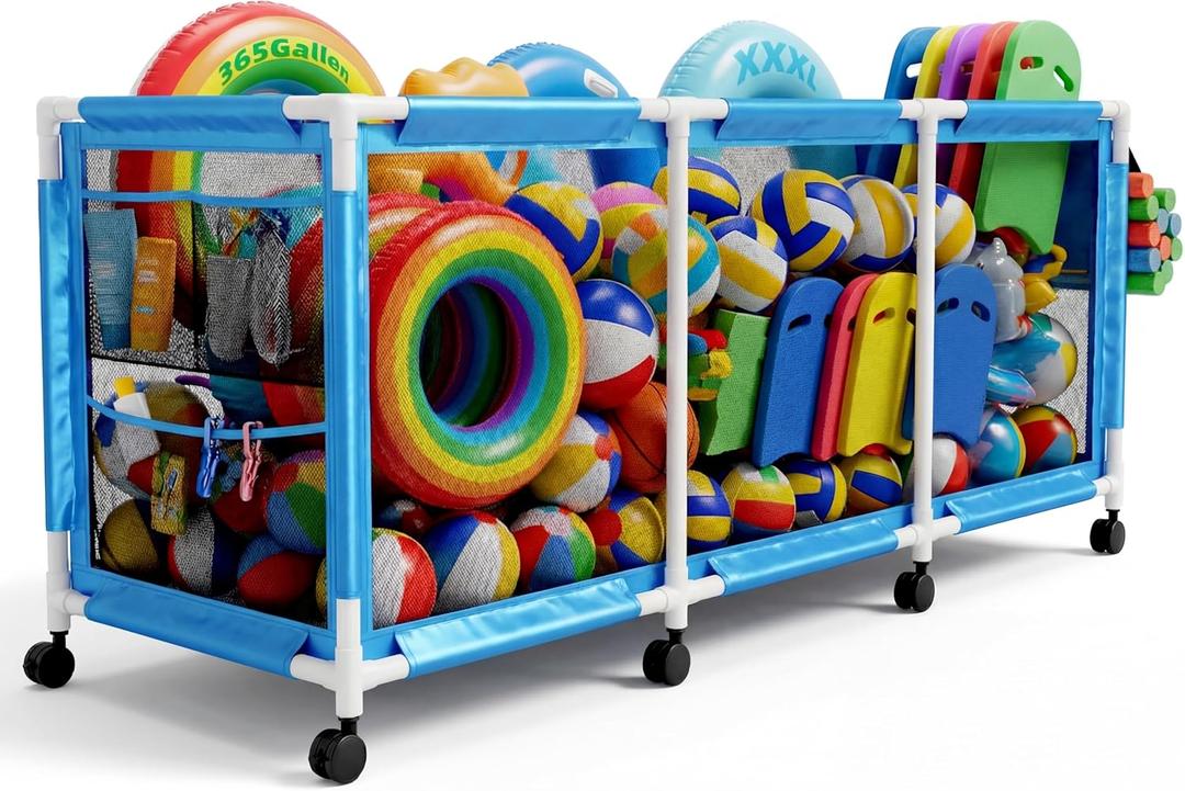 Jotesnew 365 Gallon 103" Pool Storage Bin XXXL Extra Large Swimming Pool Float Storage Bin, Pool Noodles Holder, Toys, Floats and Balls Mesh Rolling Storage Organizer Bin, 103" Lx32 Wx35 H (Blue)