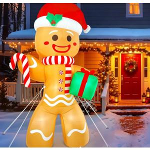 Christmas Inflatable Gingerbread Man, Blow Up Holiday Party Decor with Build-in LED Lights, Waterproof Inflatable Christmas Decorations for Outdoor Roof Yard Lawn Garden Indoor (Brown, 8FT)