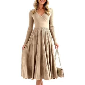 Saodimallsu Womens Long Sleeve Midi Sweater Dress Wrap V Neck Pleated A Line Fit Flare Elegant Knit Maxi Dress