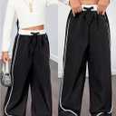 Verdusa Girl's Striped Pants Drawstring High Waisted Straight Leg Loose Trousers (Black)