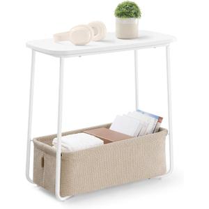 VASAGLE End Table, Small Bedside Table with Fabric Basket, Modern Nightstand, Rectangular Side Table, for Living Room, Bedroom, Matte White and Camel Brown ULET230W10