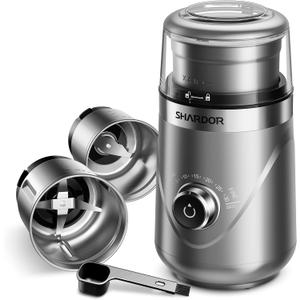 SHARDOR Electric Super Silent Blade Coffee Grinder, Timed Grind Control Rotary Knob, Adjustable Coarse to Fine for Coffee Beans, Spices & Herbs, with 2 Removable Stainless Steel Bowl, Sliver