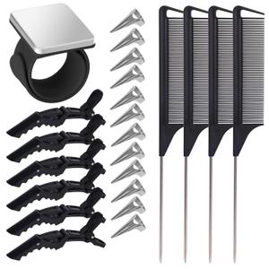 23 Pieces Hair Braiding Tools Set, Magnetic Wrist Pin Holder, Sectioning Clips, Rat Tail Combs, Hair Parting Rings for Braiding (Black)