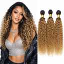Jerry Curly Human Hair Bundles T1B/27 Ombre Honey Blonde 10 12 14 Inch Brazilian Virgin Remy 3 Bundles 2 Tone Black to Honey Blonde Hair Extensions