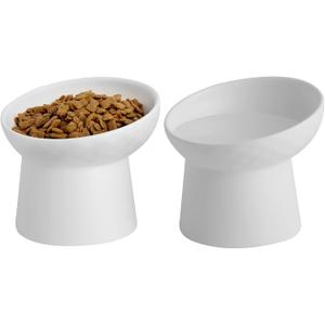 Ceramic Raised Cat Bowls, Elevated Tilted Cat Food and Water Bowls Set, Porcelain Stress Free Pet Feeder Dish for Cats and Small Dogs, Dishwasher and Microwave Safe, Set of 2 (White)