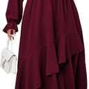 Womens Plus Size Wedding Guest Cocktail Maxi Dress Faux Wrap V Neck Long Sleeve Ruffle Hem Split Long Dress (XL)