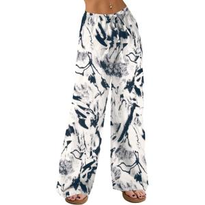 AKEWEI Women Casual Summer Palazzo Pants Drawstring Waist Wide Leg Lightweight Beach Trousers with Pockets Small