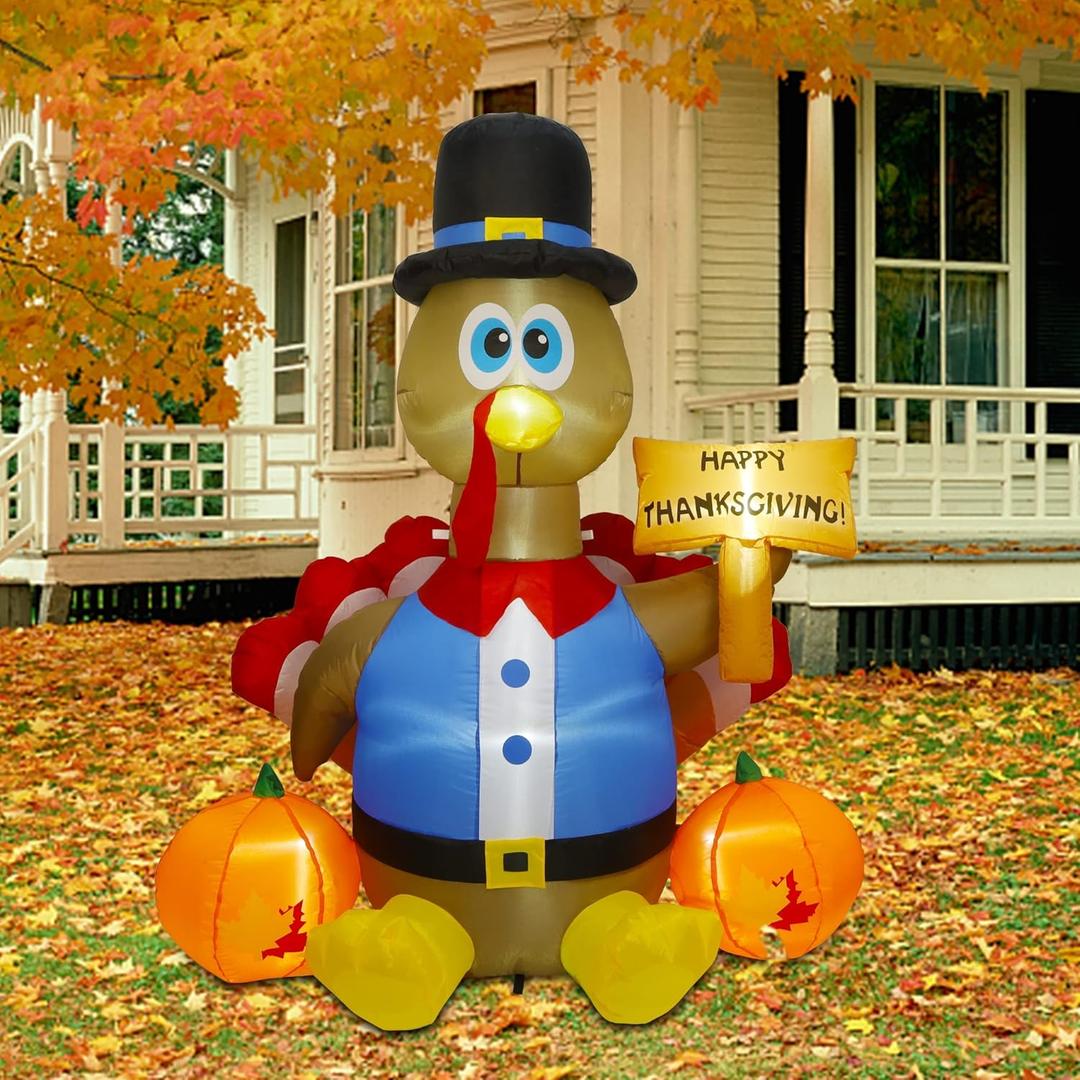 Yosager Thanksgiving Inflatable Decorations, 6FT Lighted Happy Thanksgiving Inflatables Turkey with Pilgrim Hat, Blow Up with LED Lights, for Autumn Holiday Outdoor Home Lawn Garden Party Decor