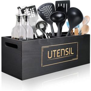 Utensil Holder Extra Large Utensil Organizer with 4 Compartments, Wooden Rustic Utensil Crocks for Kitchen Counter, Farmhouse Cooking Utensil Caddy Countertop Spatula Silverware Spoon Holder - Black