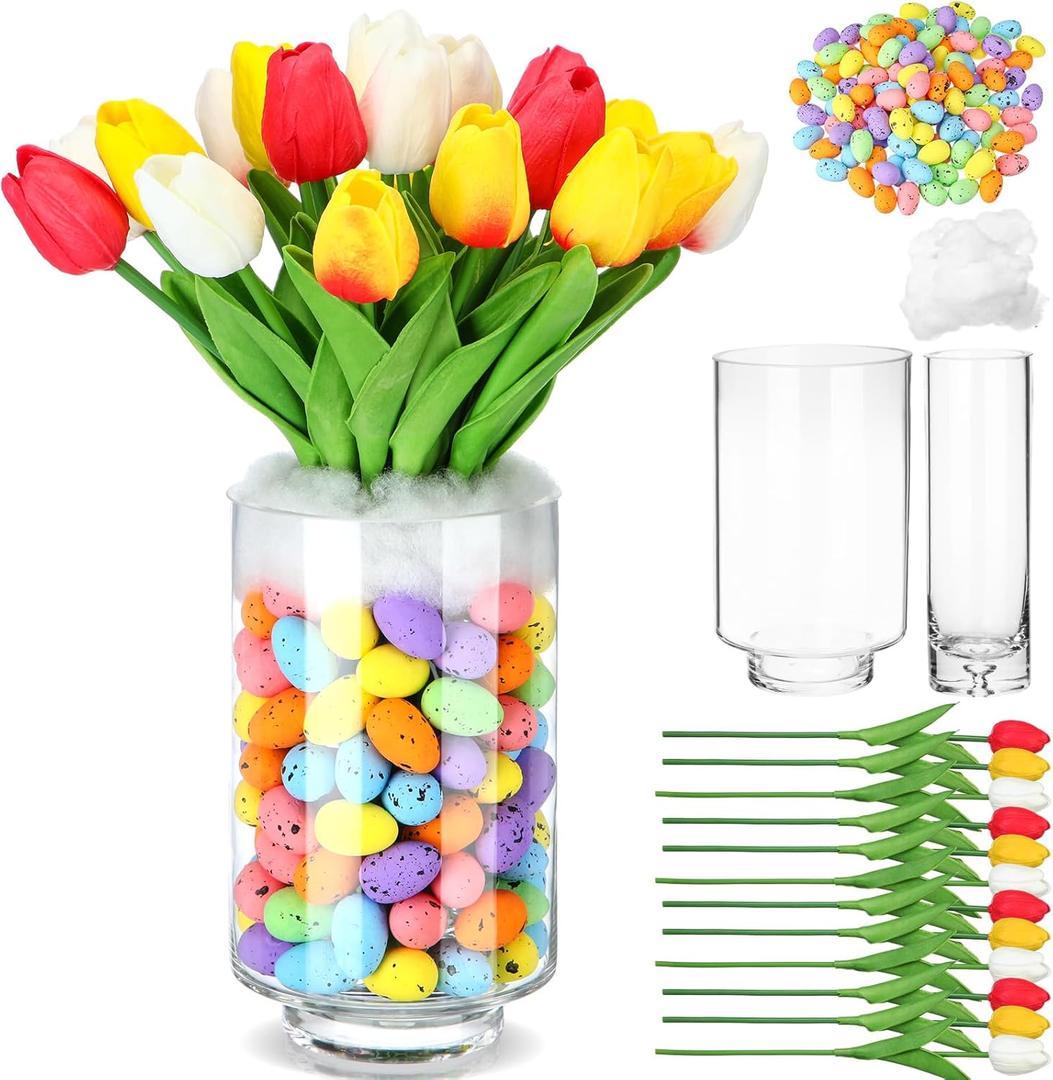 Easter Decorations Flowers Tulip Centerpiece with Vase, Include 20 Pcs Artificial Tulip Pick 120 Pcs Easter Egg 2 Glass Vases 1 Pack Cotton for Spring Table Decor(Colorful)